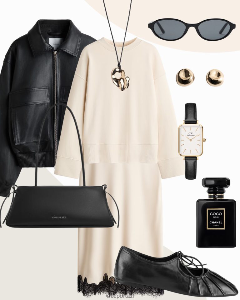 Black Leather and Cream Dress: A Soft Contrast with City Polish