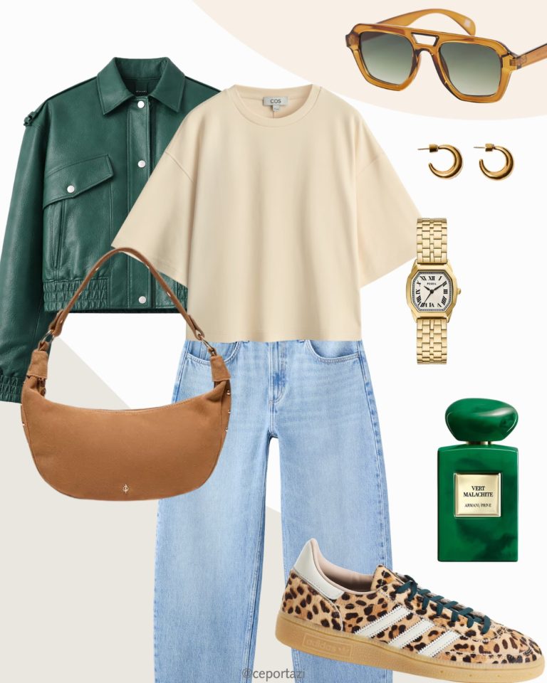 Green Leather, Light Denim: A Playful Outfit with Unexpected Energy